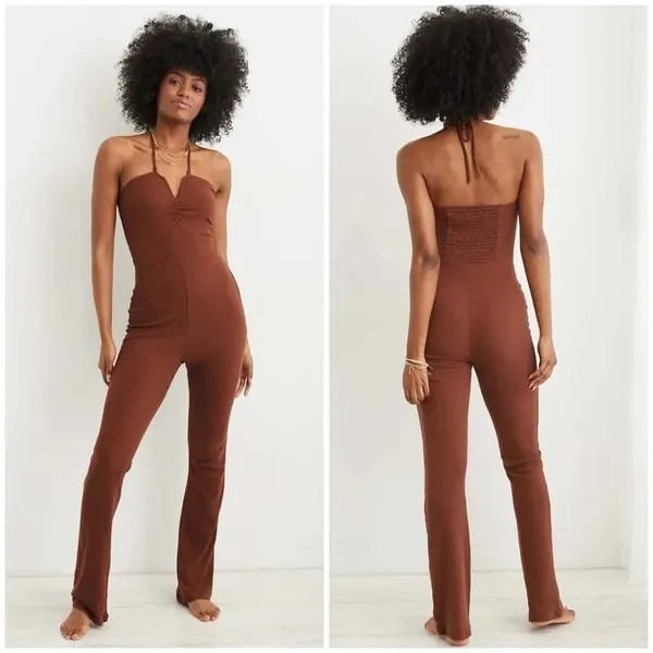 NEW Aerie Brown Halter Ribbed Slim Flare V-neck Boho Casual Jumpsuit XXL - Image 2