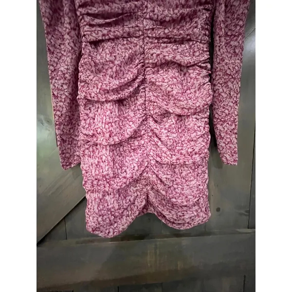 Bardot Pink Floral Ruched Mini Dress Keyhole Long Sleeve XS Fairycore Boho - Image 4