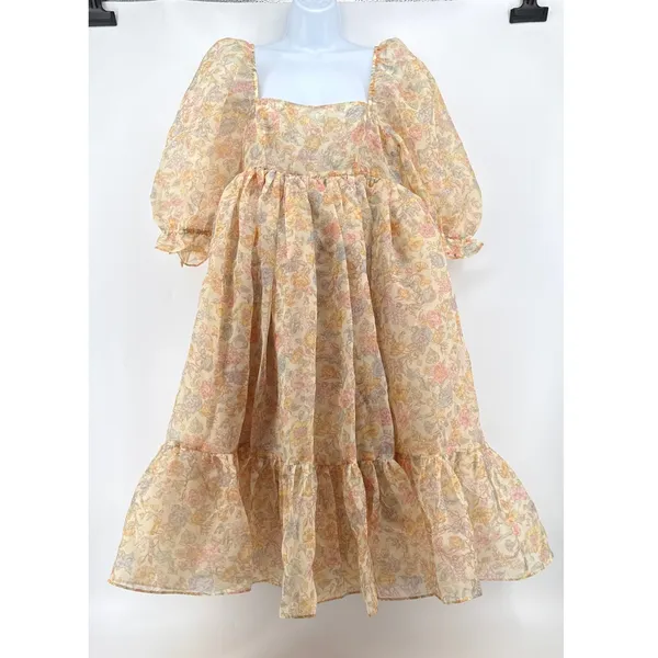 Selkie Hans Christian French Puff Dress‎ Yellow Floral Organza Midi Medium EUC - Image 4