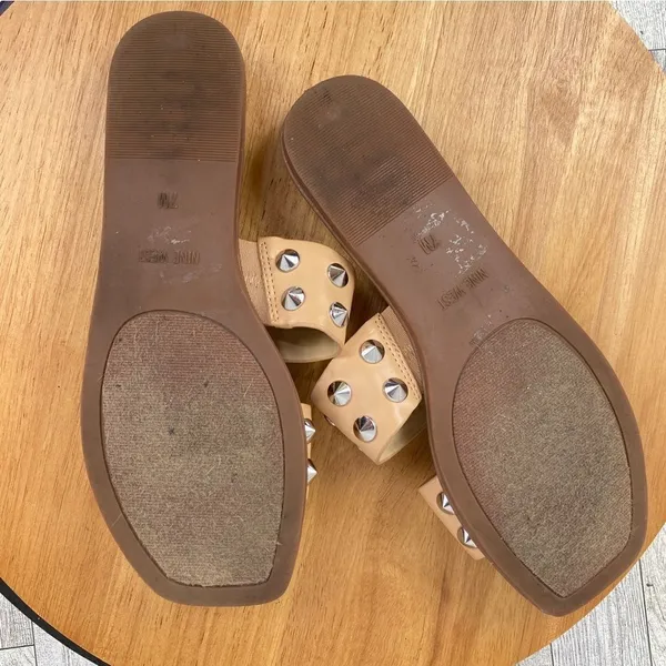 Nine West Brynli3 Studded Dual Strap Slide Sandals‎ Tan Silver 7 - Image 7