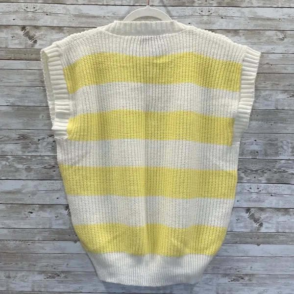 Vtg 90's Janenits Womens M Vest Sweater Striped Yellow & White V-Neck Preppy USA - Image 3