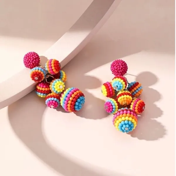 Colorful‎ Beaded Ball Drop Earrings Multicolor Rainbow Festival Boho Resortwear - Image 3