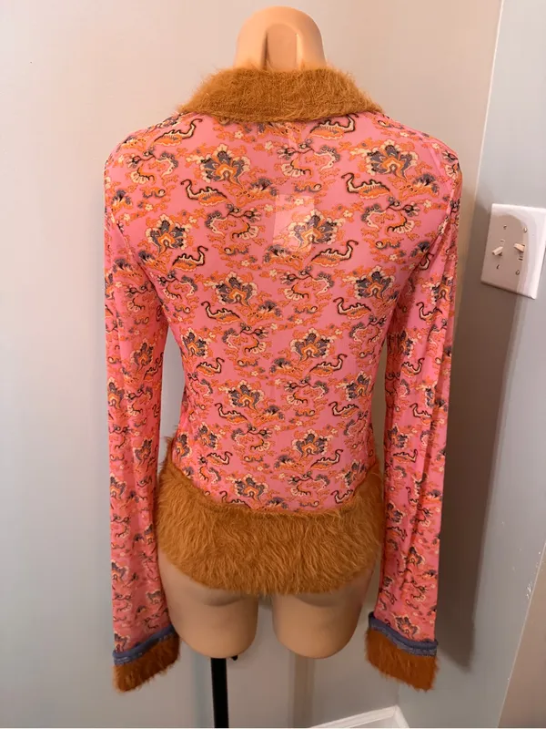 Free People Cosmo Cuff Fuzzy Furry Mesh Sheer Pink Combo Rose Long Sleeve Top XL - Image 7