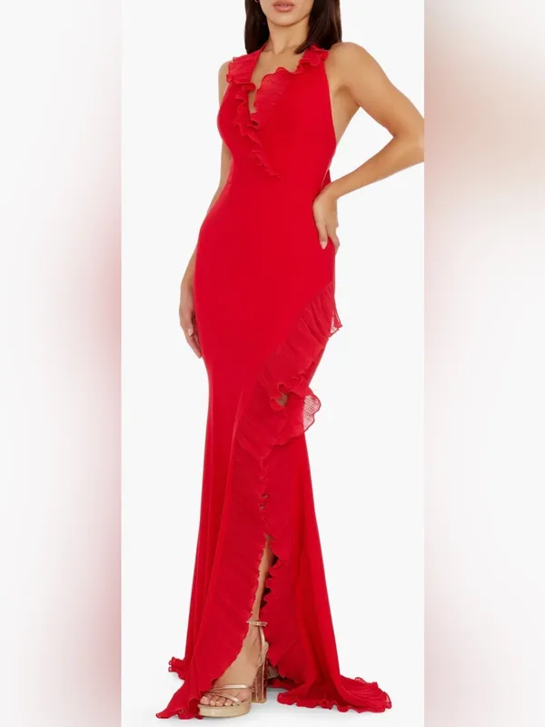 NEW Dress The Population Kathleen Ruffle Halter Gown with Train Rogue Red Sz S - Image 3
