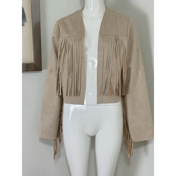Women’s Boho Western Fringe Faux Suede Jacket Beige Festival Cowgirl Size L - Image 4