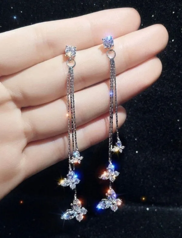 925 Silver Needle Crystal Butterfly Long Tassel Dangle Drop Earrings for Women - Image 3
