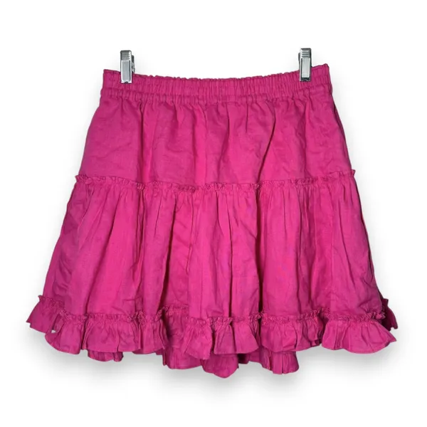 Hill House L Pink Fuchsia Ruffle Tiered Luxury Designer 100% Linen Mini Skirt - Image 2