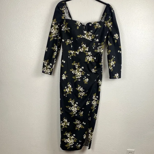 Reformation Floral Sweetheart Neck Midi Dress Long Sleeve Side Slit Size 6 . - Image 3