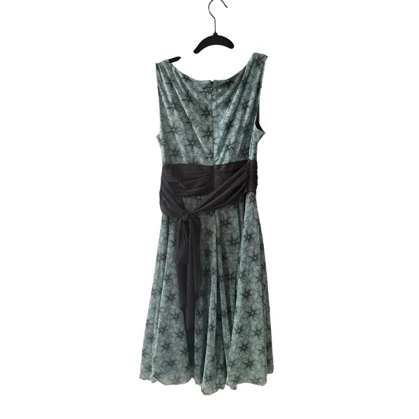 London Times Teal Black Geometric Print Cocktail‎ Dress Ruched Waist Tie 10 - Image 3