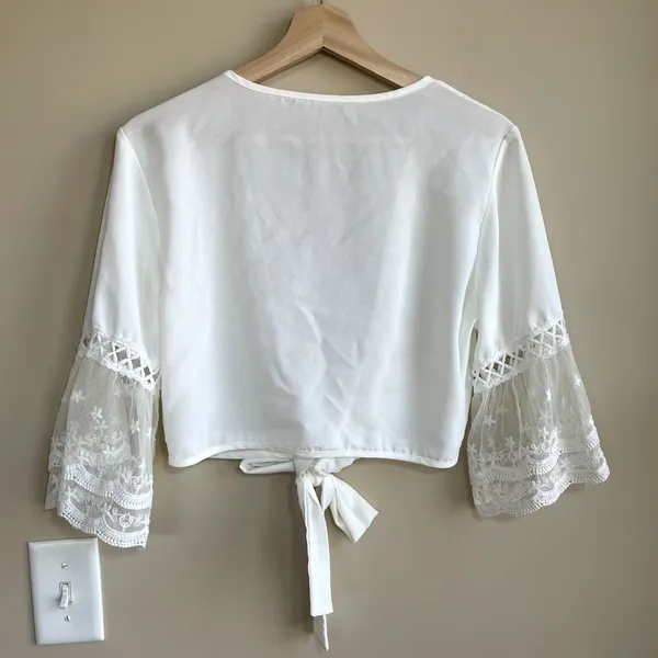 BKMGC sheer white cropped cardigan top lace detail tie front women's size‎ M - Image 7