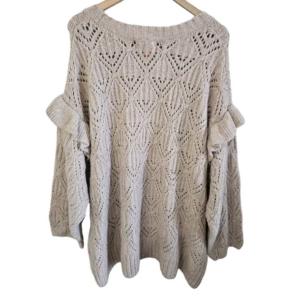 Old Navy Sweater Sz 4X Pointelle Knit Ruffle Trim Metallic Oatmeal Cozy‎ - Image 3