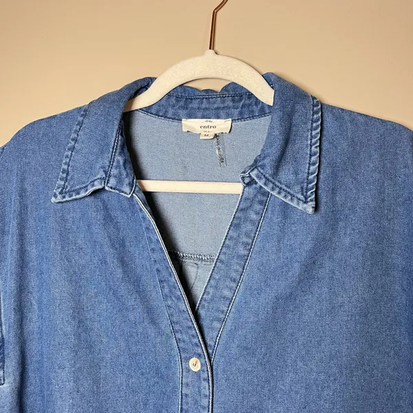Entro Stay Close Denim Drop Waist Collared Button Front Mini Dress Blue M - Image 5