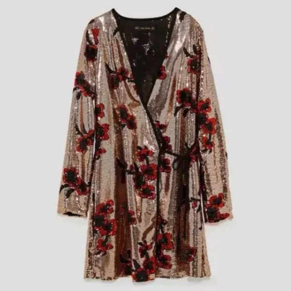 ZARA Gold with Red & Black Floral‎ Sequins Crossover Wrap Mini Dress Size XS - Image 4