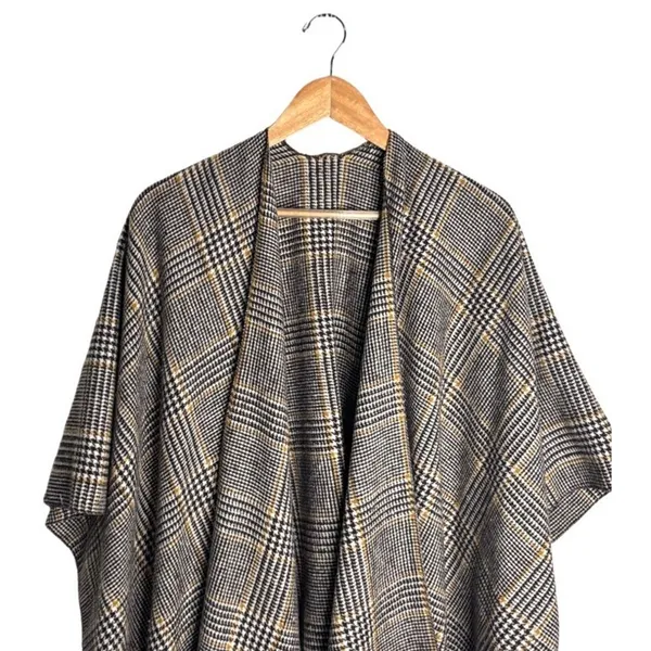 Beige Checkered Shawl 6 Feet Wide Viscose Beige Brown Yellow Retro Preppy - Image 2