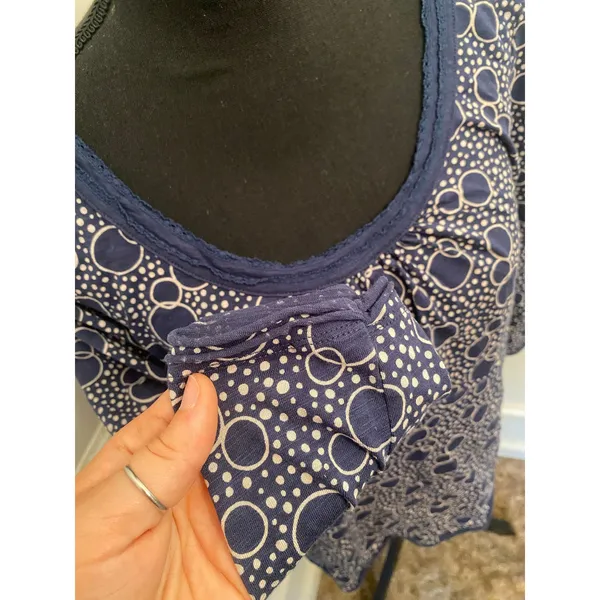 Y2K Boden Blue White Retro Geometric Print Top 3/4 Sleeve Pleated Scoop Neck - Image 3