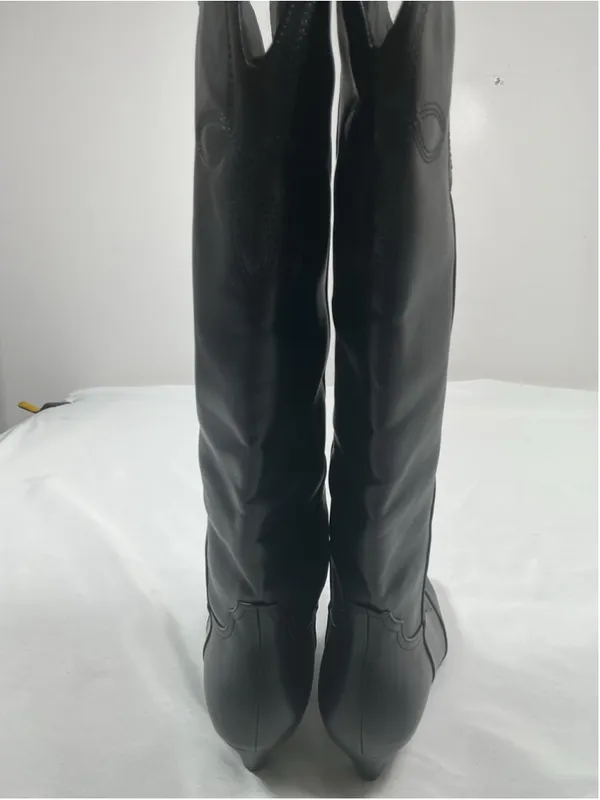 Woman’s Black Knee High Pull On Boots Square Toe Kitten Heel 9.5 - Image 5