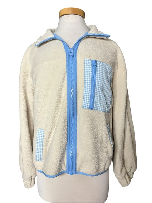 Sandy Liang Cream Sherpa Fleece Gingham Zip Jacket M - Image 2