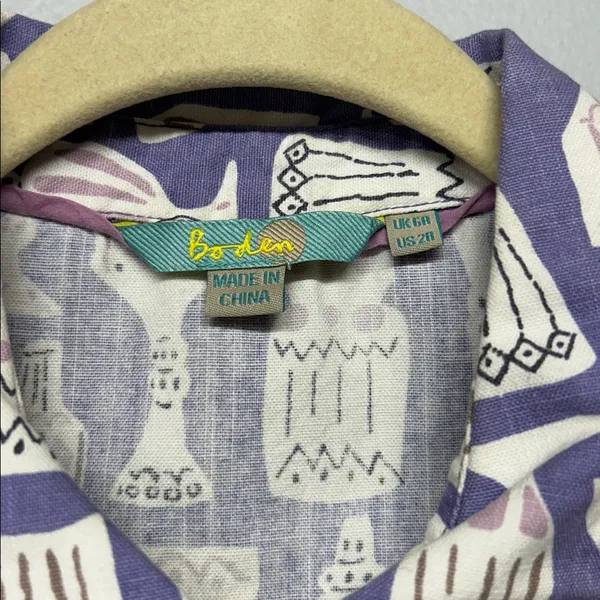 Boden Novelty‎ Print Shirt Dress Purple Cotton Button Front Short Sleeve US 2 - Image 3