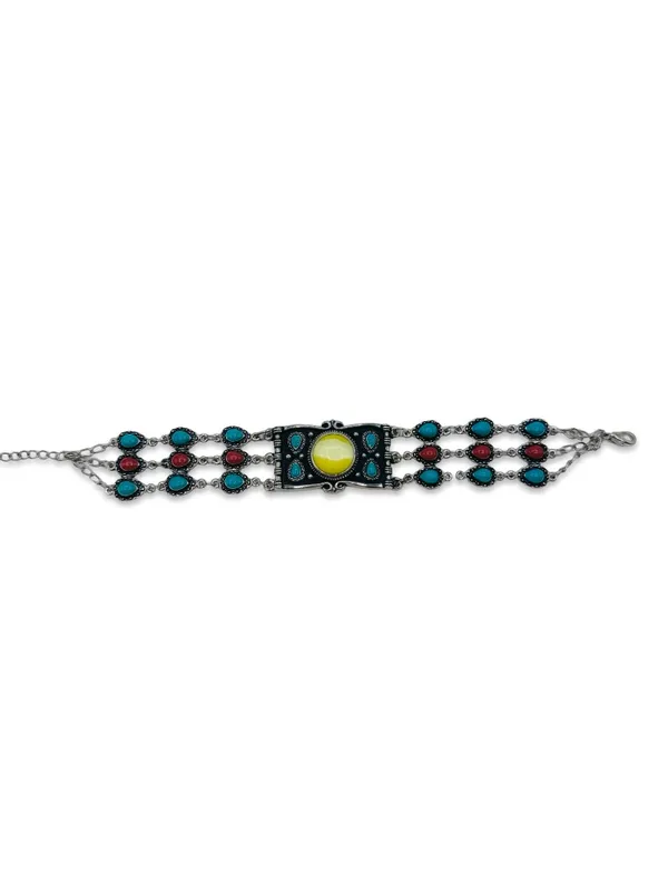 Boho Southwestern Multi-Stone Statement Bracelet Yellow Cabochon Silver Tone - Image 2