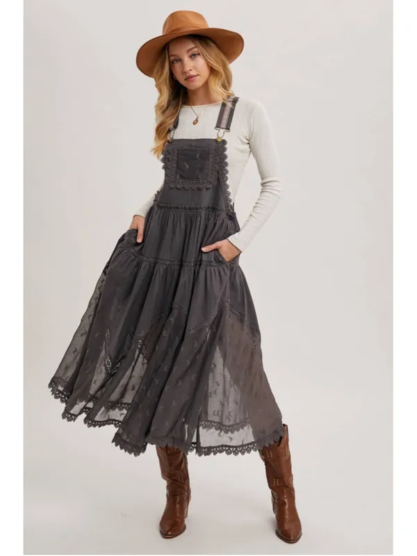 Lace Embroidered Tulle Bib Maxi Bohemian Apron Dress Size XL - Image 6