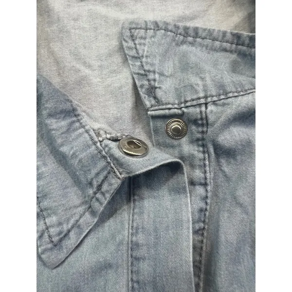 Sleeveless Light Wash Chambray‎ Denim Shirt Dress Snap Front Collared Blue Large - Image 11