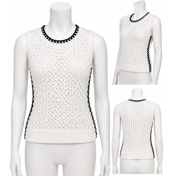Open Knit Sweater Vest Size Small White Black‎ Contrast Trim Sleeveless Layering - Image 2