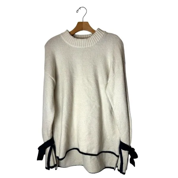 JOA Sweater Women Small Ivory‎ Navy Blue Trim Knit Hi Low Tie Sleeve Sweater - Image 2