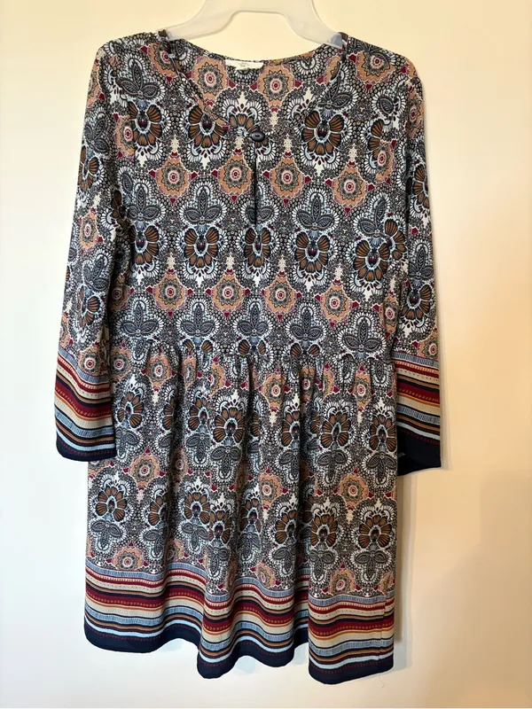 entro Brown Paisley Long-Sleeve Swing Dress with Striped Hem - Image 2