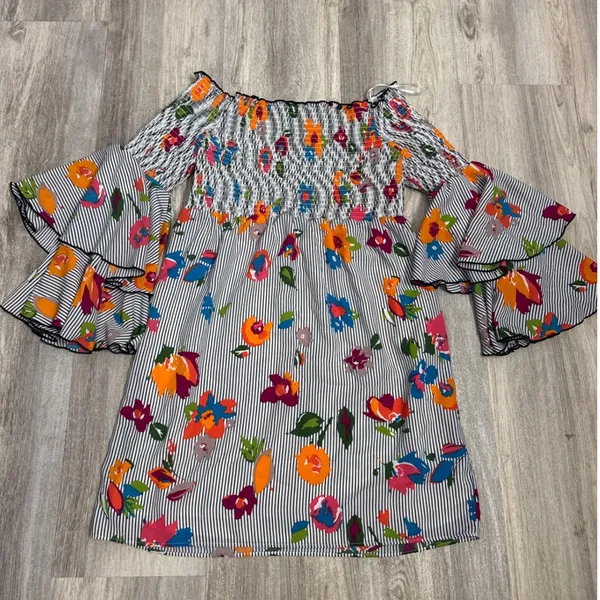 Nicole Miller Floral Striped Smocked Off Shoulder‎ Bell Sleeve Dress Size 10 - Image 6