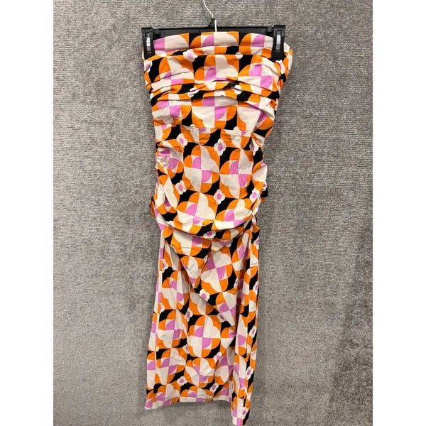 Anthropologie Women Dress XS Orange Pink Geometric Ruched Strapless Midi Wrap - Image 3
