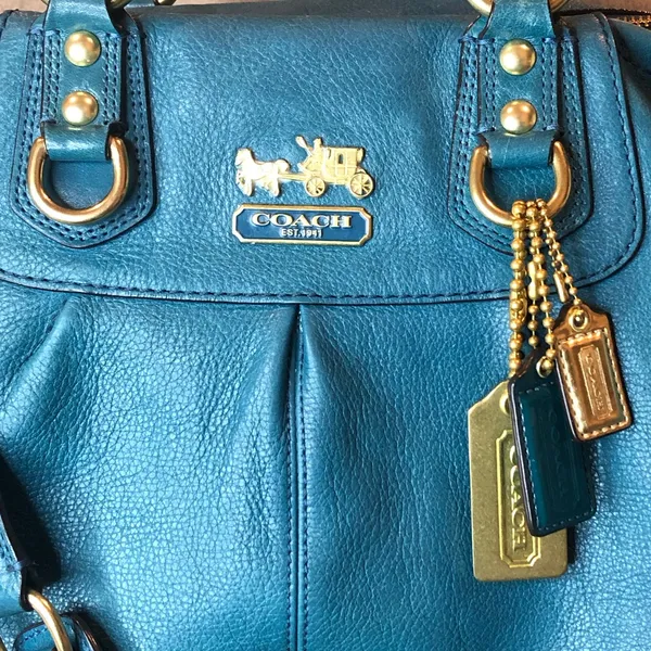 Vintage COACH Madison Turquoise Leather Satchel Rear Zipper Pocket Bag 12935 - Image 13