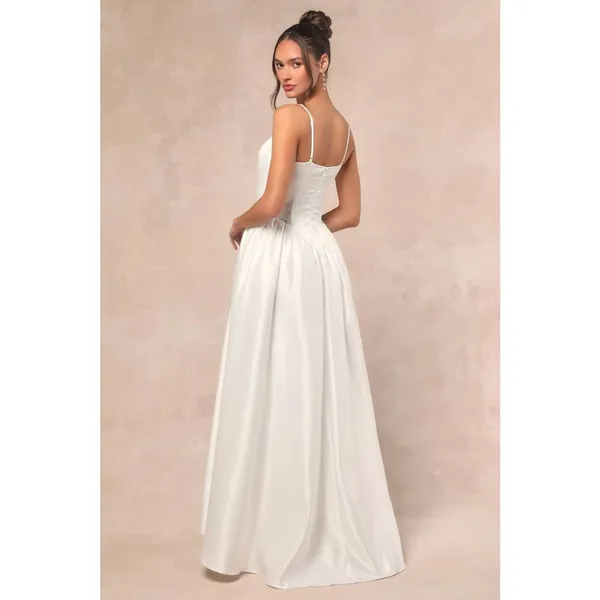 Lulus Luxe Bridal NWOT Bria White Satin Basque Waist Maxi Wedding Dress Medium - Image 4