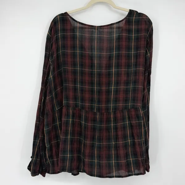 Old Navy Womens XXL Red Green Plaid V-Neck Long Sleeve Peplum Babydoll Top - Image 2