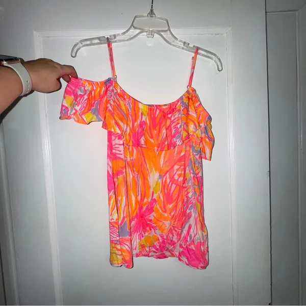 Lilly Pulitzer Pink and Orange Flutter Sleeve Ruffled Blouse - Image 3