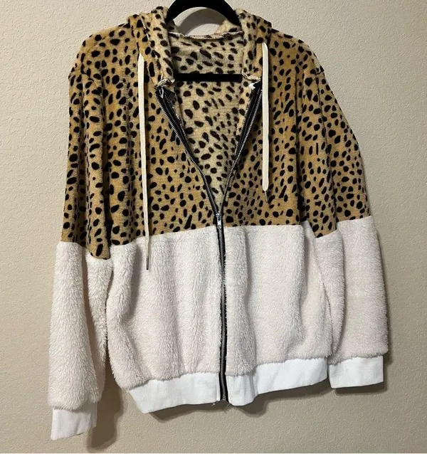 Leopard and White Sherpa Fur Zip Up Hoodie Jacket - Image 2