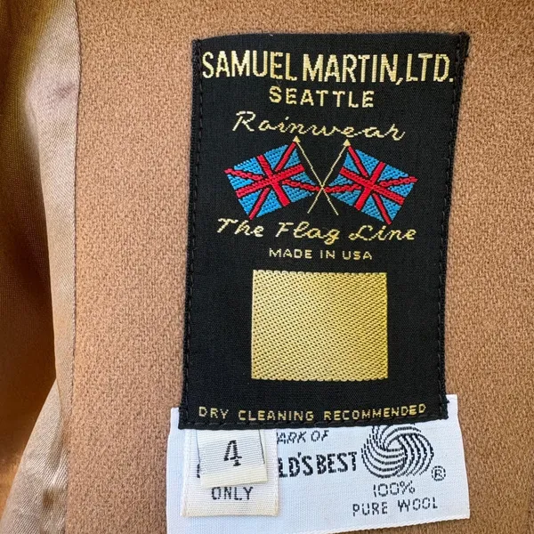 VTG Samuel Martin Pure Wool Coat 4 Tan Double Breasted Shawl Collar Flag Line‎ - Image 9