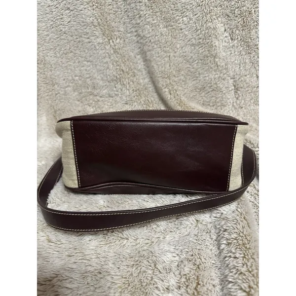 Etienne Aigner Purse~ Beige Linen Blend~Burgundy Trim~Snap Close Gold Hardware - Image 6