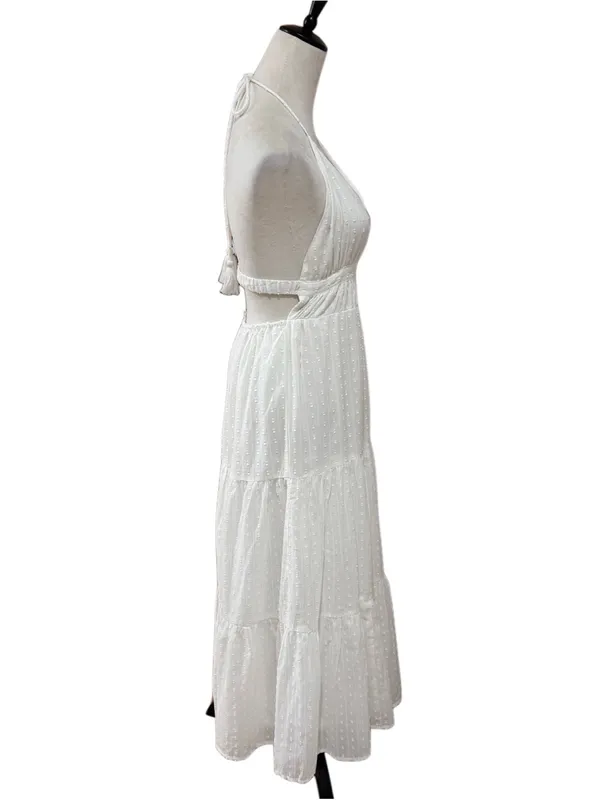 NWT En Crème White Swiss Dot Halter Open Back Cutout Tiered Summer Maxi Dress Sm - Image 4