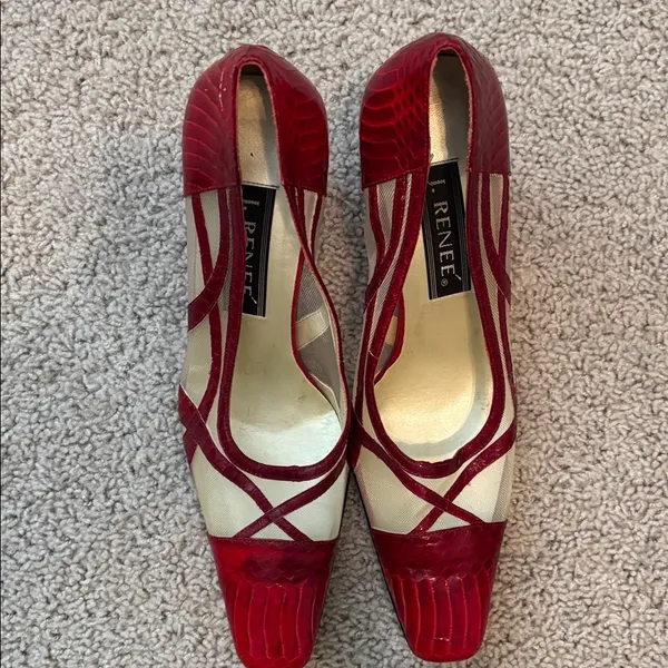 J. Renee Vintage Red Croc-Embossed Heels With Sheer Panel - Image 4