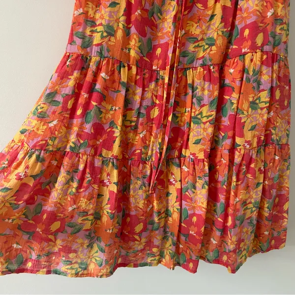 Marissa Olivia Red Orange Floral Flutter Sleeve Peasant Smocked Mini Dress L - Image 5
