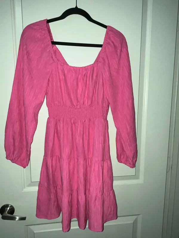 Mint Of Blush Bright Pink Long-Sleeve V-Neck Tiered Dress - Image 2