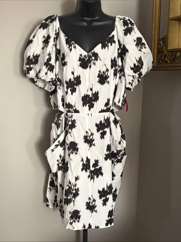 NEW Prabal Gurung 20W Fit Flare Black White Puff Sleeve Sheath Dress - Image 2