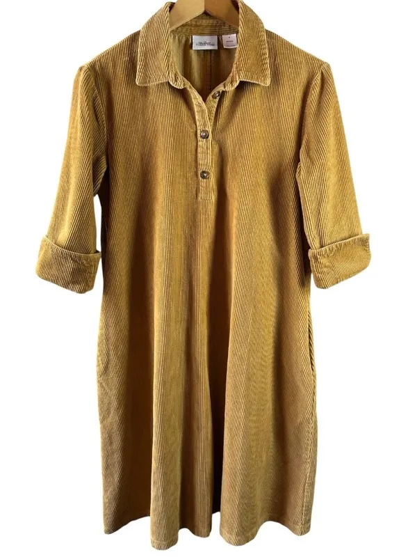 Vermont Country Store Mustard Corduroy Polo Dress S Cotton Cottagecore - Image 2