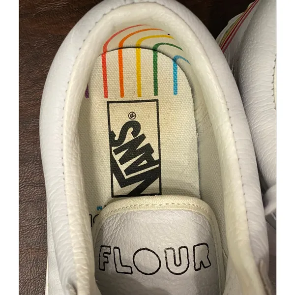Vans x Flour Shop White Old Skool Leather Rainbow Sneakers Women’s 9 Pride Fun - Image 11