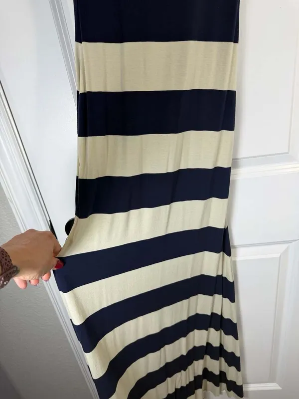 PinkBlush Navy Blue & Beige Striped Sleeveless Low Back Knit Maxi Dress - Image 2