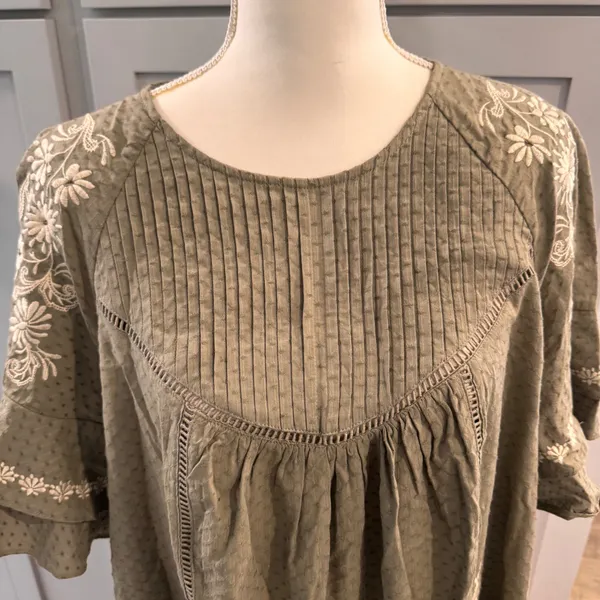 FESTI Olive Green Embroidered Dobby Mini Dress Cotton Linen Boho Size 0 - Large - Image 5