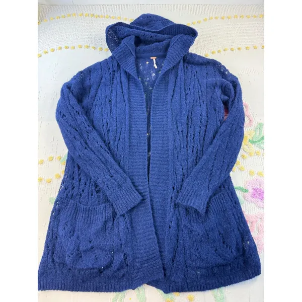 Free People Alpaca Blend Hooded‎ Cardigan Blue Pointelle Knit Long Sweater XS - Image 2