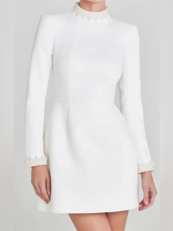 NEW Nadine Merabi White Audrina Athena Beaded Long Sleeve Minidress Sz 6 - Image 3