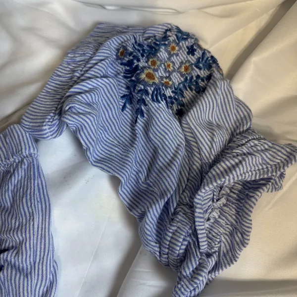 American Eagle Outfitters Blue Embroidered Crop Top Peasant off shoulder sz‎ L - Image 4