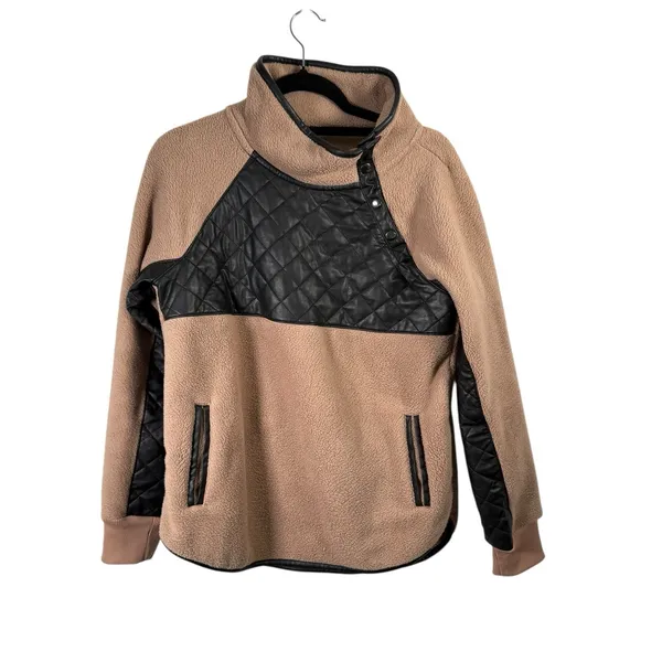 Abercrombie & Fitch Taupe Brown Sherpa Fleece Faux Leather Pullover Womens Small - Image 2